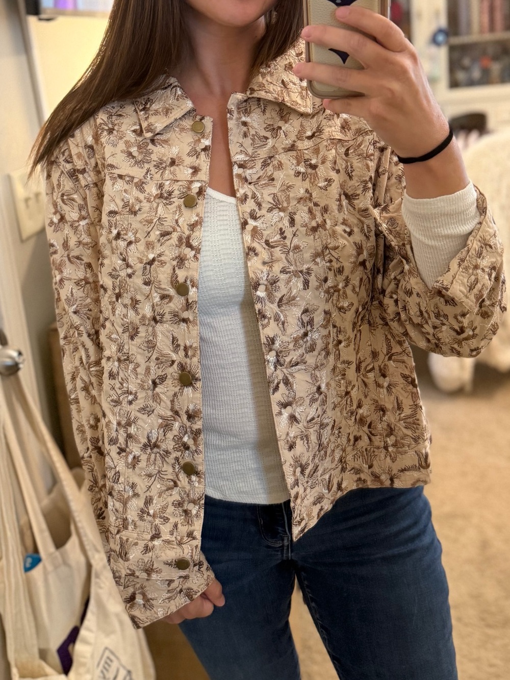Coldwater Creek Beige Floral Quilted Jean Jacket